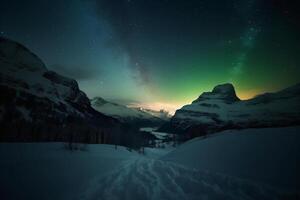 Aurora, Zwitsers Alpen, ster, sneeuw, winter. ai generatief foto