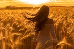 vrouw met lang haar- in rijp tarwe veld- planning oogst werkzaamheid goud zonsopkomst. ai generatief foto