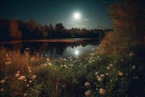 nacht landschap milieu oogst maan over- een glinsterende meer weelderig vegetatie berken hout bomen, bloemen, magisch galaxy.ai generatief foto