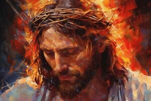 Jezus met een kroon van doornen omringd door gloeiend licht palet mes tekening. ai generatief foto