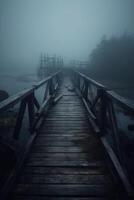 oud houten brug leidend naar nergens in de mist, gebroken, somber donker blauw, mysterieus, eenzaamheid. ai generatief foto