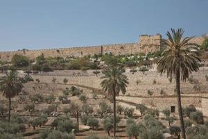terrassen van de Kidron-vallei en de muur van de oude stad in Jeruzalem in Israël foto