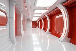 futuristische achtergrond wetenschap fictie interieur wit muur en rood licht architectuur hal,. ai generatief foto