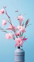 licht blauw bamboe, licht roze bloemen, minimalistische afbeelding. ai generatief foto