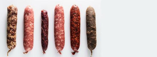 divers salami, worst in een rij, zwart achtergrond. geassorteerd vlees producten, menu. ai gegenereerd. foto