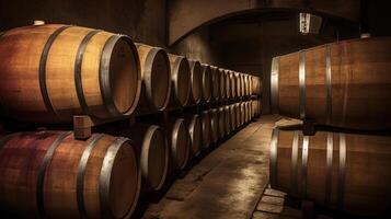 wijnmakerij kelder met houten vaten en rekken van oud wijn flessen. ai gegenereerd. foto
