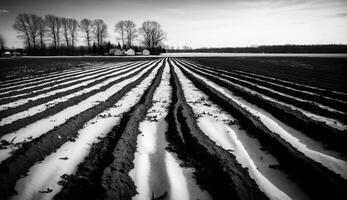 vers geploegd veld- land- detailopname in de stralen van de zon. ai gegenereerd. foto