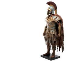 oude spartaans trojan krijger in schild met wapens. wit achtergrond, isoleren. ai gegenereerd. foto