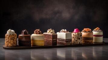 divers bakkerij cakes met fruit en chocola, room, zwart achtergrond, isolatie. ai gegenereerd. foto