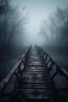 oud houten brug leidend naar nergens in de mist, gebroken, somber donker blauw, mysterieus, eenzaamheid. ai generatief foto