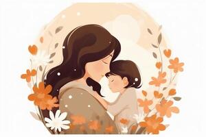 illustratie van moeder met haar weinig kind, bloem in de achtergrond. concept van moeders dag, moeders liefde, relaties tussen moeder en kind. ai generatief foto