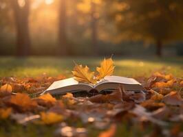 boek Aan een blad met esdoorn- boom Bij achtergrond. ai generatief foto