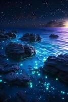 oceaan kust Bij nacht, de water is vol van dinoflagellaten, gloeiend met miljoenen helder blauw neon gloed in de donker klein stippen. ai generatief foto