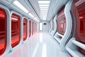 futuristische achtergrond wetenschap fictie interieur wit muur en rood licht architectuur hal,. ai generatief foto