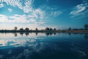 een tafereel in welke de geheel licht blauw lucht is weerspiegeld in de water. ai generatief foto