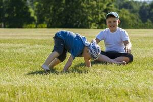 vrolijk kinderen, twee broers, glimlach met vreugde. wij zijn gelukkig naar wandelen en Speel Aan de gazon in warm zonnig weer in de park. de emoties van kinderen Aan de gezicht. foto