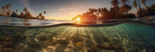 fotograaf van mooi uitnodigend strand tafereel met zonsondergang lucht. ai generatief foto