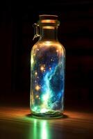 gloeiend heelal in een glas fles. ai generatief foto