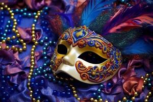 Venetiaanse carnaval masker en kralen decoratie. mardi gras achtergrond. ai generatief foto
