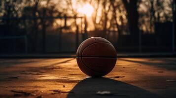 een foto van een basketbal Aan een rechtbank Bij zonsondergang,. ai generatief
