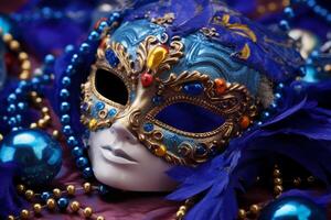 Venetiaanse carnaval masker en kralen decoratie. mardi gras achtergrond. ai generatief foto