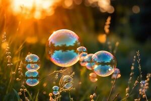 zeep bubbels tegen een wazig licht natuurlijk zomer achtergrond. ai generatief foto