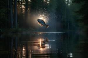 vis jumping uit van de water. neurale netwerk ai gegenereerd foto