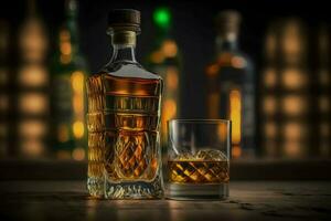 oud whisky glas dichtbij naar wijnoogst fles Aan houten tafel. neurale netwerk gegenereerd kunst foto