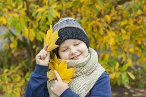 herfst humeur. de jongen houdt geel esdoorn- bladeren in zijn handen. foto