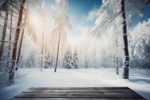 winter Kerstmis toneel- landschap met kopiëren ruimte. houten vloeren, wit bomen in Woud gedekt met sneeuw, sneeuwbanken en sneeuwval tegen blauw lucht in zonnig dag ai generatief foto