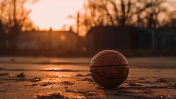 een foto van een basketbal Aan een rechtbank Bij zonsondergang,. ai generatief