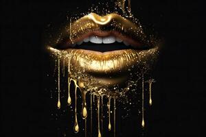schoonheid bedenken gouden luxe lippen Aan een zwart achtergrond. neurale netwerk ai gegenereerd foto
