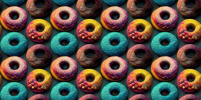 veelkleurig donuts. ontwerper gebakken goederen. een samenstelling van donuts besprenkeld met veelkleurig gepoederd suiker. ai gegenereerd foto