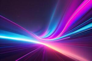 abstract futuristische achtergrond met roze blauw gloeiend neon in beweging hoog snelheid Golf lijnen en bokeh lichten gegevens overdracht concept, ai gegenereerd foto