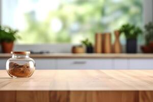 leeg hout tafel en wazig achtergrond van modern minimalistische keuken Product Scherm sjabloon, ai gegenereerd foto