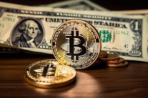 bitcoins en dollars Aan een tafel, gegenereerd ai foto