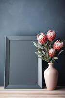 leeg wit kader mockup met Scandinavisch Look, protea bloemen in vaas, ai gegenereerd foto