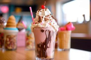 aardbei ijs room en chocola freakshake in pot Aan tafel in restaurant, ai gegenereerd foto