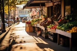 lokaal kruidenier markt Aan straat. ai gegenereerd foto