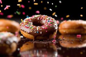 kleurrijk donuts vallend en crashen, generatief ai foto