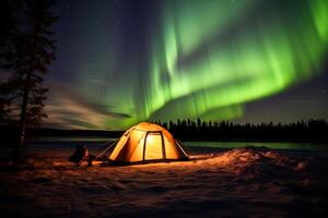 camping in de noorden met noordelijk lichten, ai gegenereerd foto
