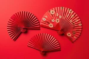 Chinese nieuw jaar. decor patroon ventilator Aan rood achtergrond. rood papier fans .maan nieuw jaar banier sjabloon. maan- nieuw jaar, Chinees spandoek. ai gegenereerd foto