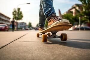 dichtbij omhoog van onherkenbaar Mens rijden een skateboard Bij de stad straat, ai gegenereerd foto