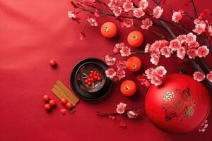 Chinese nieuw jaar festival decoraties, mandarijnen, bloemen, enveloppen . vlak leggen, top visie. ai gegenereerd foto