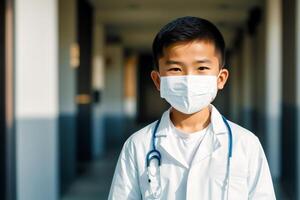 een Aziatisch jongen vervelend beschermend masker. covid 19. masker dragen met vertrouwen. generatief ai foto
