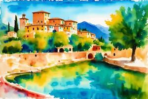 een waterverf dorp. Italië, Spanje, Frankrijk. waterverf schilderij van een sereen middellandse Zee dorp. generatief ai foto