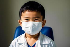 een Aziatisch jongen vervelend beschermend masker. covid 19. masker dragen met vertrouwen. generatief ai foto