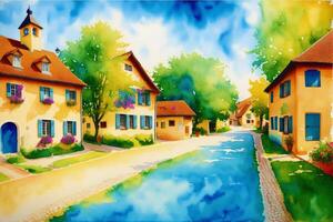 een waterverf dorp. duitsland, Oostenrijk. waterverf schilderij van een Duitse of oostenrijks dorp. generatief ai foto