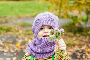 een kind in een Purper gebreid hoed en sjaal. portret van een kind tegen de achtergrond van herfst bomen. schattig glimlachen jongen. foto