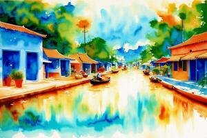 een waterverf dorp. kleuren van Thailand. waterverf schilderij van een Thais dorp. generatief ai foto